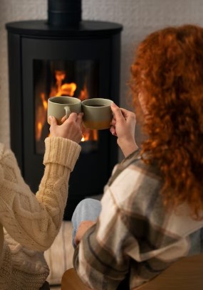 Un couple devant un poêle buvant du café ~ Monoxyde carbone